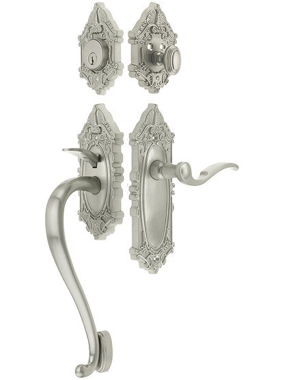 Grandeur Grande Victorian Thumblatch Entrance Set With Bellagio Lever - Left-Handed in Satin Nickel.